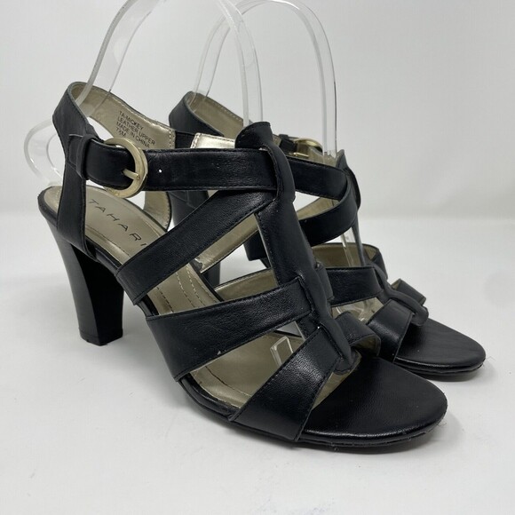 Tahari Mickey High Heel T-Strap Sandals Black Leather Ankle Strap Size 7.5 - Picture 1 of 12